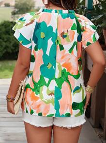 Breezaya Plus Size Vacation Style Random Printed Ruffled Sleeve Summer Boho Blouse