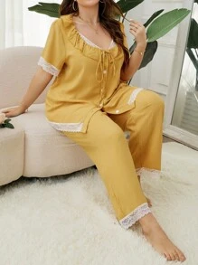 Pajama Set für große Größen mit kurzen Ärmeln und V-Ausschnitt mit Knopfverschluss, Spitzen Patchwork mit langen Hosen
