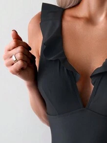 SHEIN Swim Summer Women Fashionable Solid Color Ruffled One-Piece Swimsuit With Spaghetti Straps
