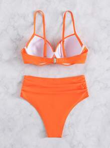 SHEIN Swim 女性夏季海灘實色推桿式底托內衣泳裝套裝 - 橘色 - 查看 4