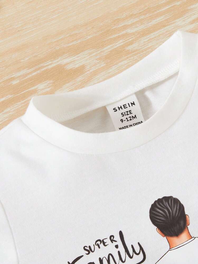 Baby Girls' Cute Cartoon Family Pattern Print T-Shirt And Simple Pink Ruffled Skirt, Family Matching Outfits Mommy And Me (2 Sets Are Sold Separately)