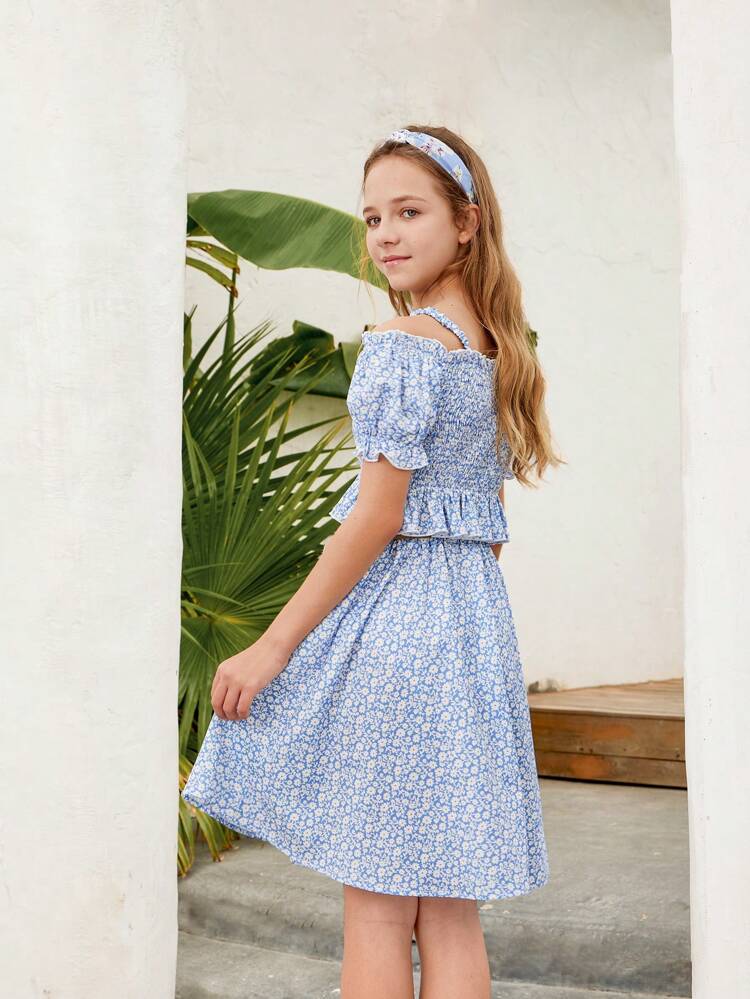 Tween Girl Vacation-Style Fresh Floral Print Off-The-Shoulder Bubble Sleeve Top And Skirt Set