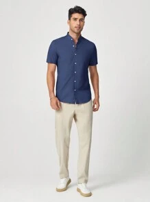 GENTILAND Men Summer Solid Color Stand Collar Casual Woven Short Sleeve Shirt - Navy Blue - View 3