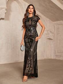 SHEIN Belle Gorgeous Dark Black Sequins Fabric Round Neck Cap Sleeves With Chest Pad Positioning Beaded Hollow Out Fish-Tail Women Evening Dress Elegant Formal Prom Wedding Guest Dress, For Graduation, Dinner