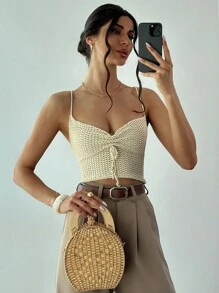 SHEIN Privé 女性褶皺束線沙灘假期針織背心 - 杏色 - 查看 2