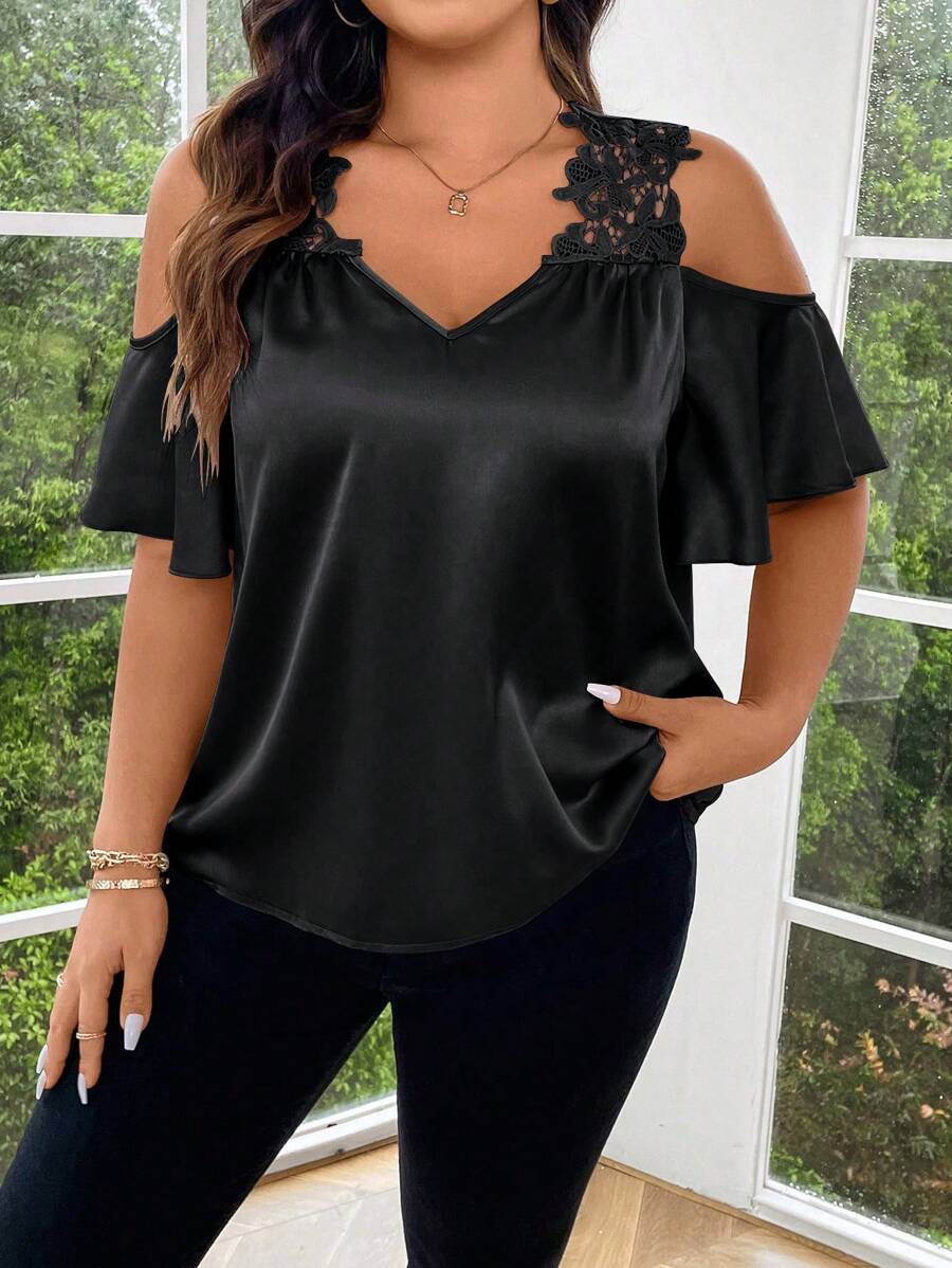 SHEIN Clasi Áo ren màu trơn thời trang cỡ lớn cho nữ mùa hè - màu đen - Xem 1
