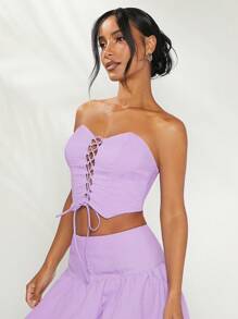 L'Amorae Solid Lace-Up Front Bustier Crop Tube Top - Purple - View 4