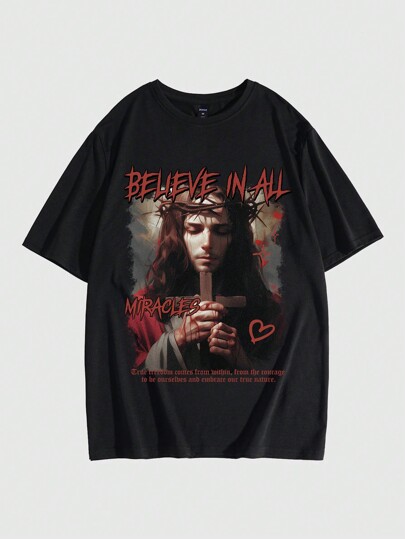 Street Life Herren Jesus Grafik Kurzarm T-Shirt, Retro Street-Style