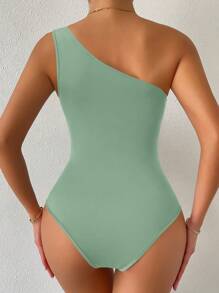 SHEIN Privé Ladies' Solid Simple Style One Shoulder Bodysuit For Daily Wear - Mint Green - View 2