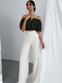 Aloruh 女式纯色露肩 V 领收腰衬衫、短袖上衣 - 黑色 - 查看 5