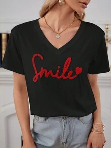 EURMUSE Cotton Heart & Letter Pattern Drop Shoulder Tee Summer Tops Vacation Clothes - Black - View 3