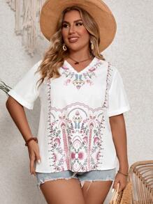 SHEIN VCAY Plus Size White  Flower Print V-Neck Loose Women Vacation Summer Shirt