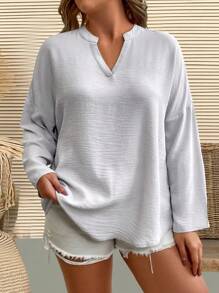 SHEIN LUNE Plus Notched Neckline Roll Tab Sleeve Blouse Fall Cloth For Women - Grey - View 6