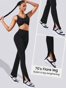 SHEIN Sports 女士黑色喇叭運動褲，綁帶設計，無縫衣身，高彈性，適用於瑜珈和健身 - 黑色 - 查看 6