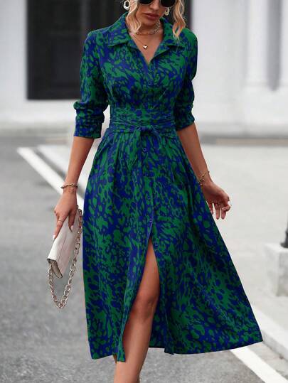 SHEIN LUNE Spring/Summer Elegant Random Printed Button-Front Waist-Tied Shirt Dress Maxi Women Outfit Fall Cloth For Women