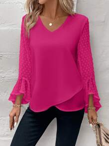 SHEIN Clasi Áo kiểu dài tay đi biển cổ chữ V 3D chấm bi phối ren thời trang cho nữ - Màu Hồng Tươi - Xem 1