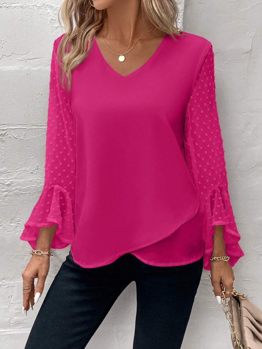 SHEIN Clasi Áo kiểu dài tay đi biển cổ chữ V 3D chấm bi phối ren thời trang cho nữ - Màu Hồng Tươi - Xem 1