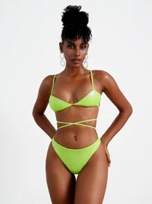 SHEIN Swim Bộ bikini dây chéo màu trơn gợi cảm và thời trang cho kỳ nghỉ hè của phụ nữ - màu xanh lá - Xem 5