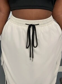 SHEIN EZwear Plus Size Women Drawstring Waist Side Stripe Utility Pocket Long Casual Skirt