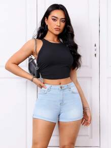 SHEIN Essnce Quần short denim nữ có túi và viền cuộn - Rửa nhẹ - Xem 6