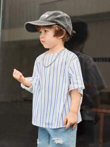 SHEIN SLAYR KIDS Young Boy 1pc Casual & Cute Vacation Cartoon Animal Group Print Ultra-Oversized Round Neck Drop Shoulder Short Sleeve White & Blue Striped T-Shirt, Suitable For Sports & Spring/Summer Seasons - Multicolor - View 4