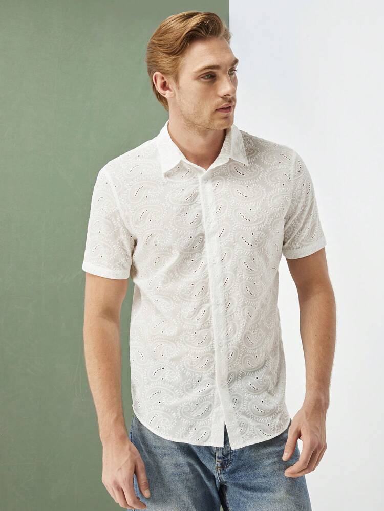 Men Solid Color Simple Woven Casual Short Sleeve Shirt