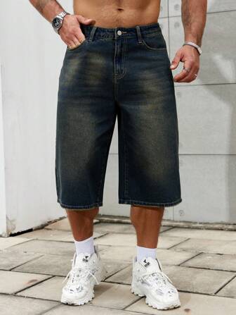 RivetRise Lässige und modische Loose Fit Denim Shorts in großen Größen für Herren, lang, unifarben in Dunkelblau, zum Ausgehen, Vintage-Stil, Freizeitstyling