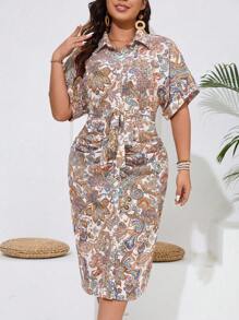 SHEIN Clasi Plus Size Women Summer Plant Print Pleated Short Sleeve Shirt Dress Maxi Women Outfit - Multicolor - View 1