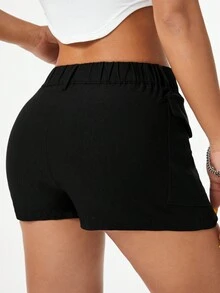 SHEIN EZwear Low Waisted Cargo Style Pocket Decor Women Casual Mini Shorts For Spring And Summer - Black - View 2