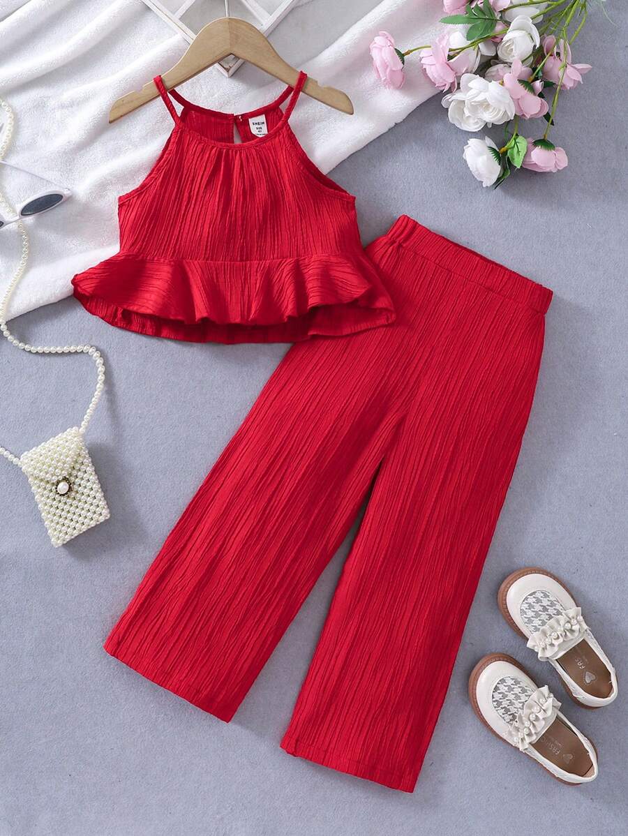 SHEIN Young Girl Summer Solid Color Ruffle Hem Cami Top And Wide Leg Pants Loose Two Pieces Set Red Young Girl Set - Red - View 1