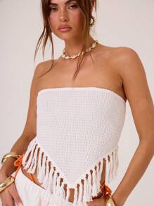 MUSERA Summer Vacation Shirred Tassel Hem Bandeau Top Summer Ibiza