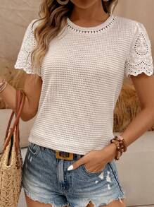 SHEIN Frenchy Women's Knitted Jacquard Fabric Patchwork Embroidered Lotus Leaf Sleeves, Breathable And Comfortable Waffle Fabric, Summer Casual Women's T-Shirts