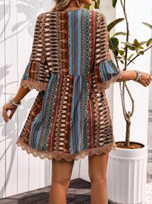 SHEIN LUNE Women Vacation Loose Floral Print V-Neck Ruffled Sleeve Dress