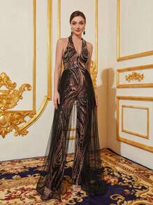 Halter Neck Contrast Mesh Sequin Jumpsuit - Black - View 6