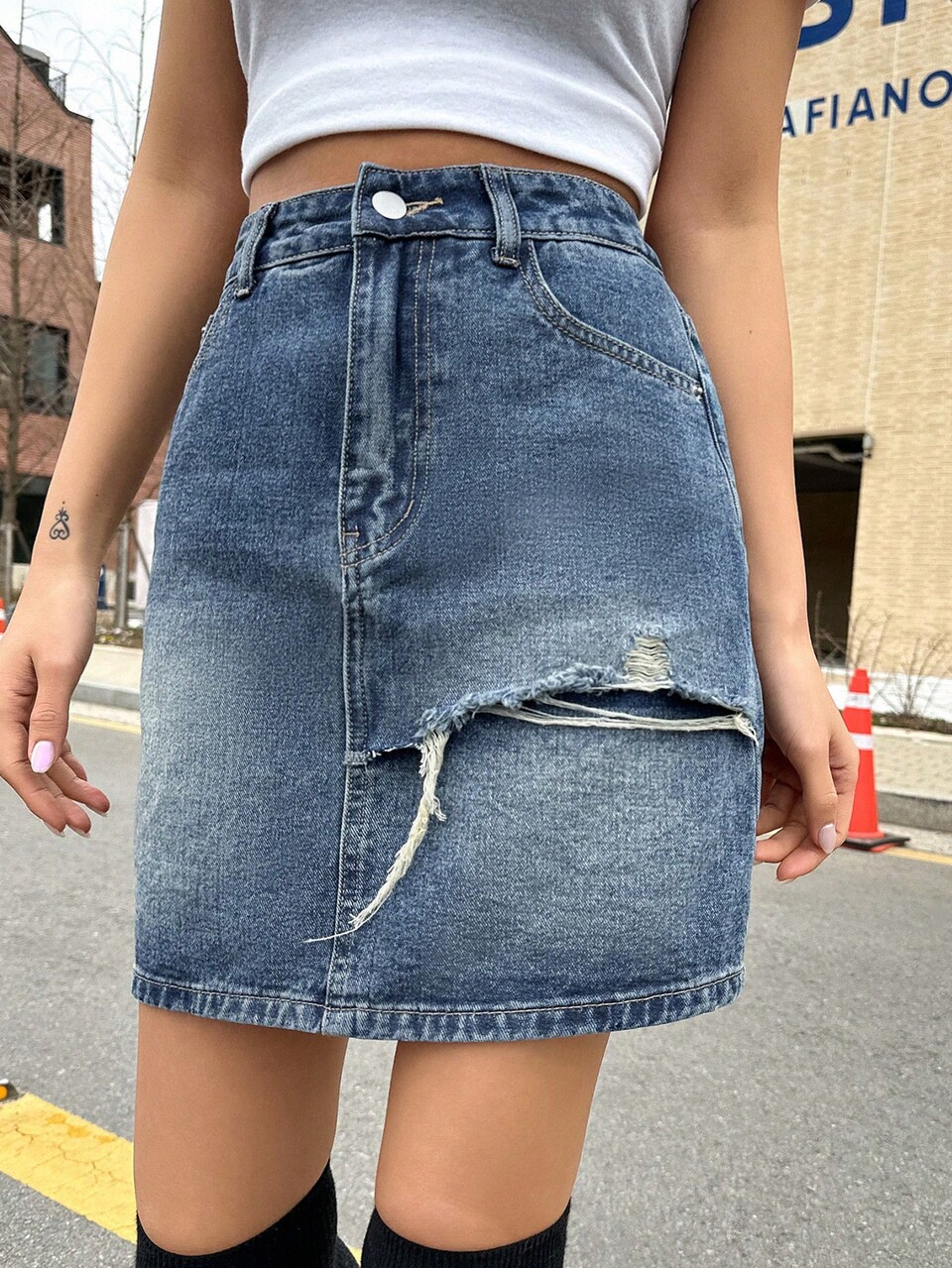Women Retro Faded Asymmetrical Distressed Denim Skirt Jeans Skirt