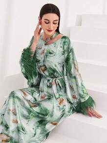 Modelyn 女士優雅華麗的長袖連衣裙，刷印設計，不對稱領口和毛皮拼接 - 綠色 - 查看 7