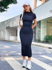 Muchica Vestido ajustado de cuello alto unicolor - Azul Marino - Ver 6