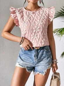 Breezaya Floral Texture Short Flounce Sleeve Casual Top   Women Shirts