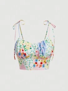 SHEIN MOD Plus Summer Vintage Nomad Style Patchwork Flower Print Spaghetti Strap Crop Top And Short Flared Skirt Set - Multicolor - View 6