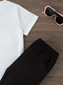 SHEIN Tween Girl Mama Girl Print Short Sleeve T-Shirt And Jogger Pants Two-Piece Set For Summer