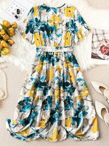 Celure 大尺碼女士夏日長款花印短袖連衣裙，襯有荷葉邊，適合度假穿著 - 彩色 - 查看 2