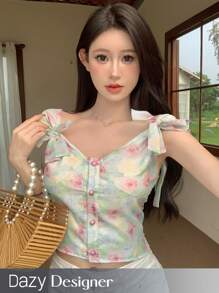 Dazy Designer 女士花卉裹背十字设计感上衣 巡航女士服装图案 T 恤，波西米亚风上衣 - 彩色 - 查看 1