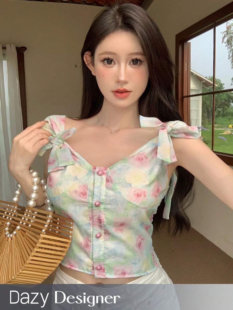 Dazy Designer 女士花卉裹背十字设计感上衣 巡航女士服装图案 T 恤，波西米亚风上衣 - 彩色 - 查看 1