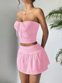 SHEIN EZwear Plus Size Fuchsia Strapless + Mini Skirt 2 Pieces Set, Spring/Summer