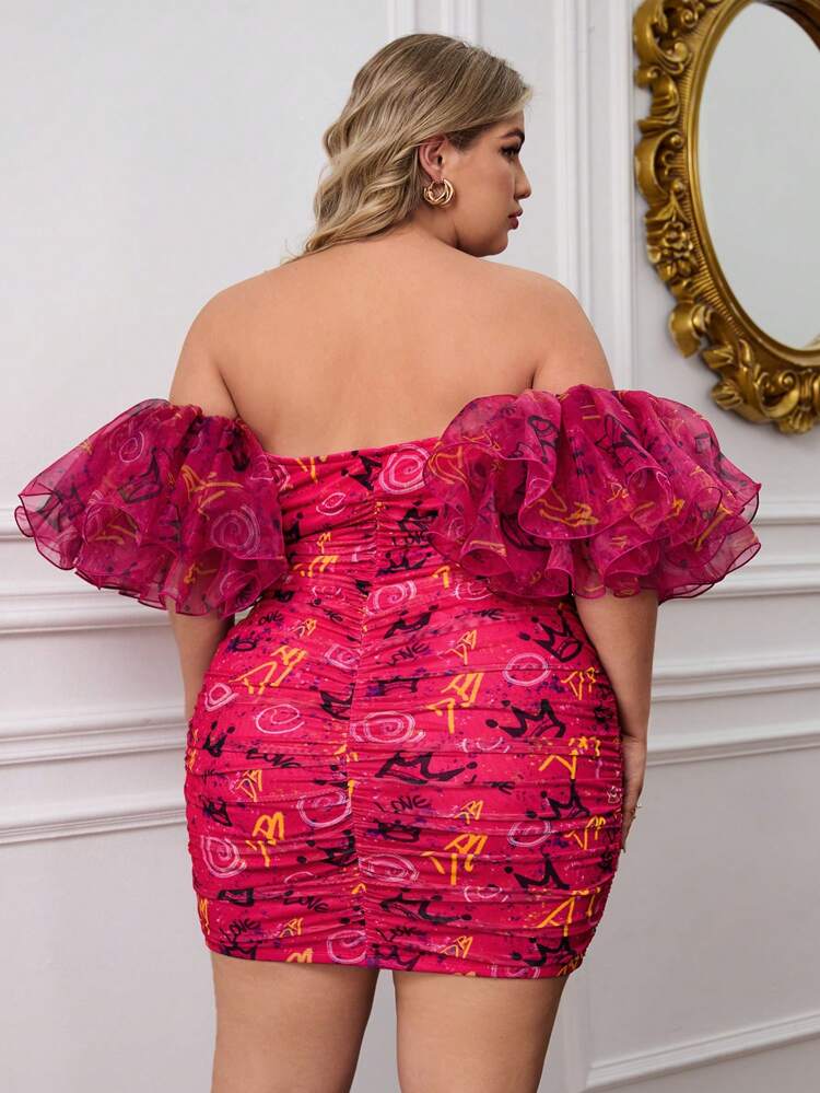 Designer Plus Size Summer Sexy Crown Letter Print Off Shoulder Ruffle Sleeve Ruched Bodycon Mini Dress Outfit, Summer Elegant Dress, For Holiday, Party, Birthday Outfits, Festival, Wedding, Prom Dress