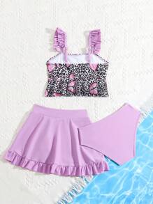 Young Girl Butterfly & Leopard Printed Tank Top Triangle Bottom Tankini Swimwear Set With Solid Color Skirt For Vacation - Pink - View 2