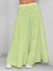 SHEIN Unity Gonna A Vita Alta Con Fronte Legato E Orlo A Sbuffi Per Donne - Verde - Visualizzare 5