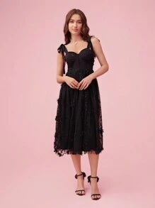 Enchnt Women Summer Elegant Spaghetti Strap Dress With 3D Floral Decoration, Mesh Contrast And Ruffled Hem