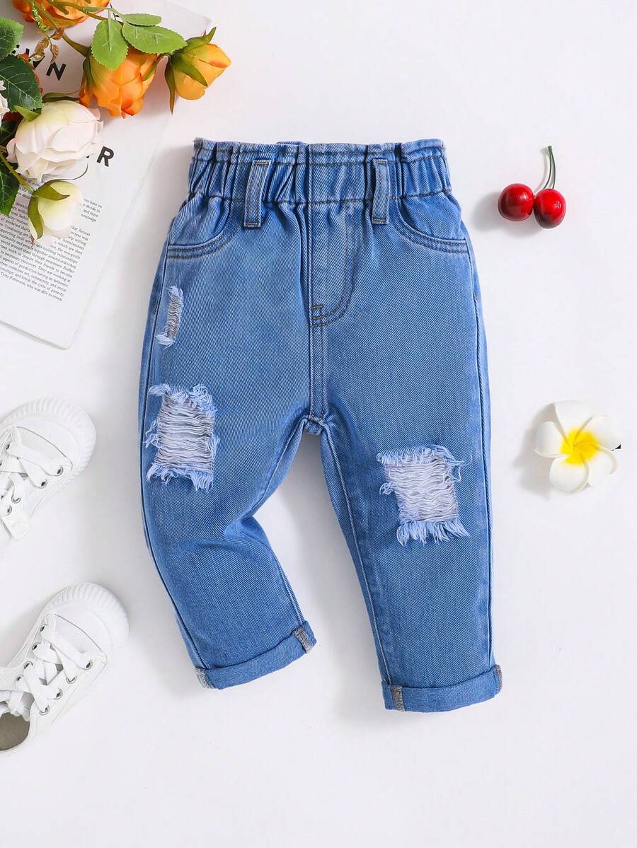 SHEIN بنطلون جينز ممزق ذو خصر محبوك للرضع الإناث باللون الأزرق الفاتح - أزرق متوسط - مشاهدة 1
