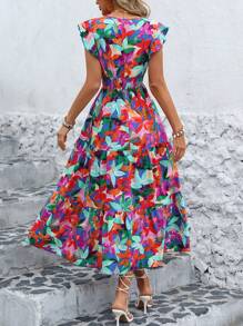 Breezaya 女士花卉印花褶皱腰盖袖度假风格连衣裙超长度假海滩装 - 彩色 - 查看 2